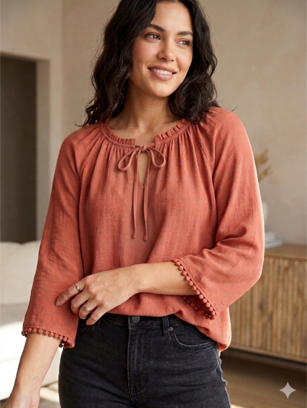 Woman's Boho Peasant Tie Neck with Scalloped Trim 3/4 Sleeves Size Medium Top